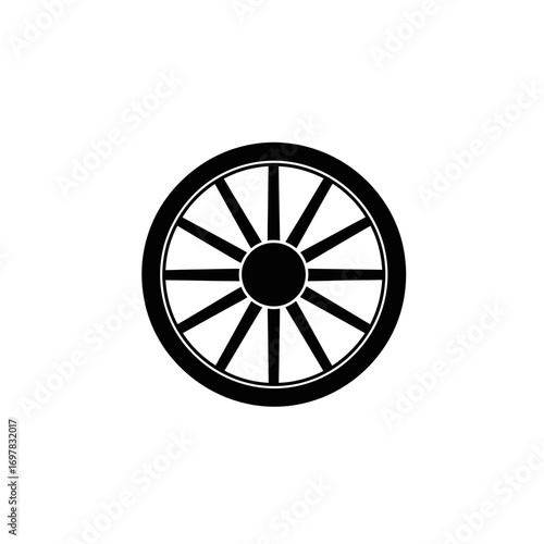 A black and white illustration of a spoked wheel with a central hub, isolated on a white background.