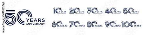 collection anniversary 10 to 100 year logo designs. abstract number for celebration event, wedding, greeting card, and invitation, vector illustration