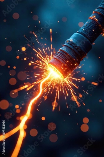 Close-up of sparking electrical wires, chaotic energy radiating outwards, intense blue and orange hues, a visual representation of raw power and electrical overload ,  energy crisis,  hazard