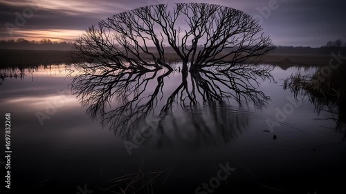 Silhouetted, bare tree branches reflected in still, moody, purple-tinged water