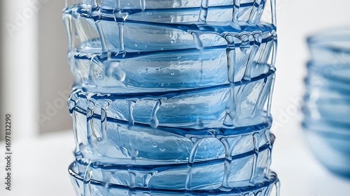 Stack of blue glass bowls with glossy dripping glaze detail on a bright background