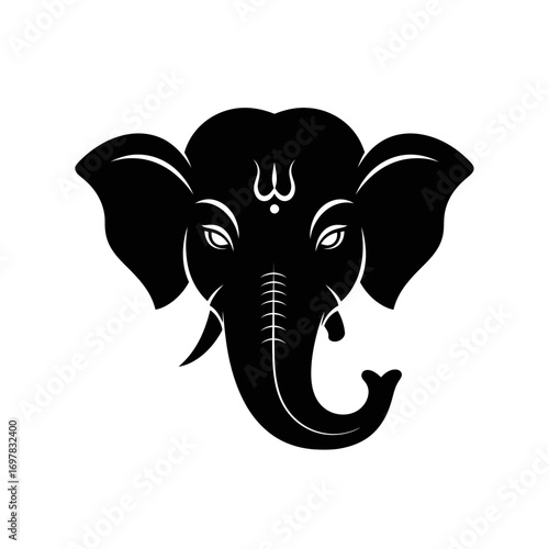 A black silhouette of the Hindu god Ganesha's head with a sacred Tilaka symbol on a white background.