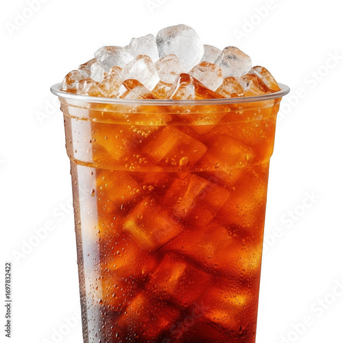 Refreshing iced tea over ice cubes in a clear plastic cup against a transparent background