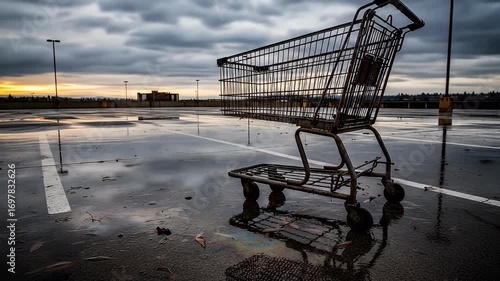 Shopping cart abandoned on wet parking lot roof at sunset, moody and desolate