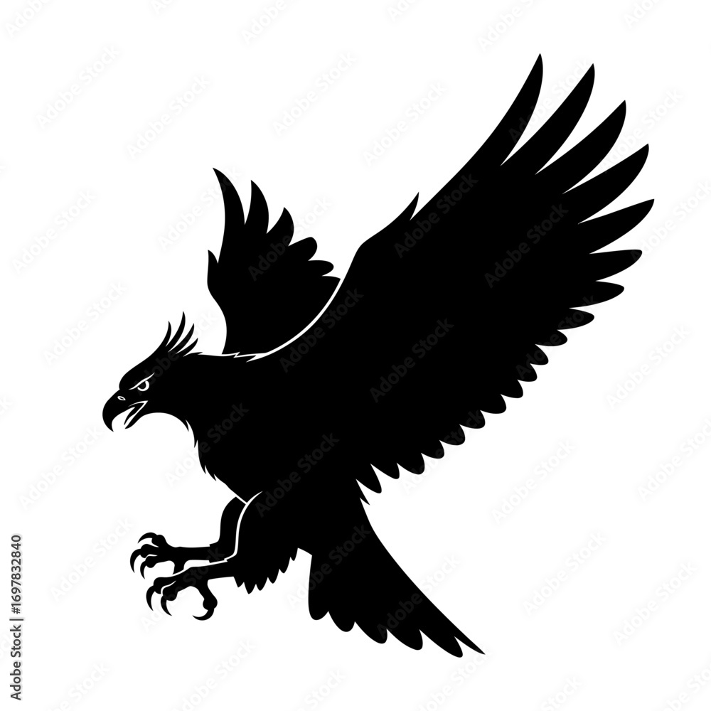 Obraz premium A fierce black silhouette of a crested eagle or hawk landing with its powerful wings spread and sharp talons extended.