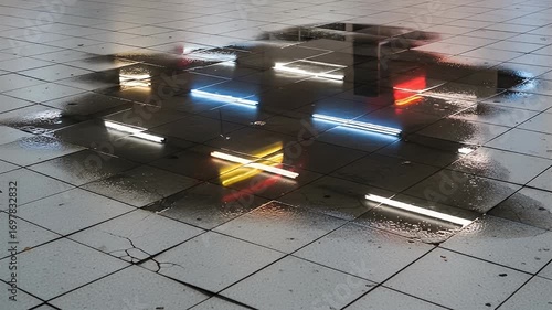 Reflections in a puddle on a tiled floor with colorful neon lights mirrored in the water