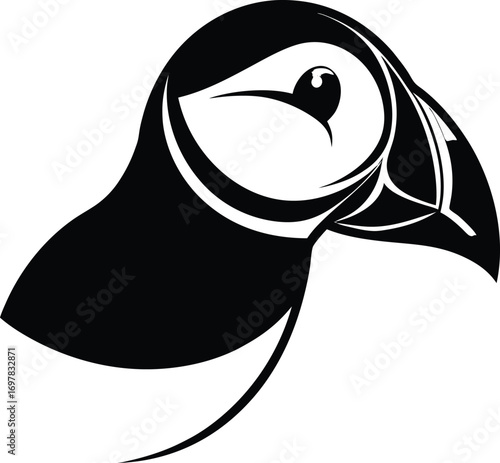 Vector art of minimalist black and white illustration of a puffin birds head in profile, , featuring a stylized beak and eye, suitable for coastal or wildlife themes