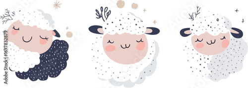 Vector illustration of sheep and lamb, farm animal design on white background