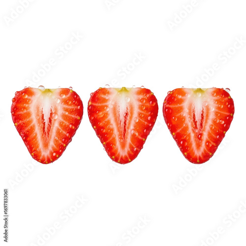 Wallpaper Mural Three vibrant red strawberry cross-sections with white cores, golden seeds & water droplets, arranged horizontally on a seamless transparent background. Concept of fresh produce quality Torontodigital.ca