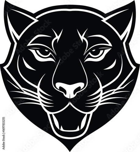 Vector art of black panther head logo, fierce expression, sharp teeth, , powerful predator, wild animal, graphic design, vector illustration