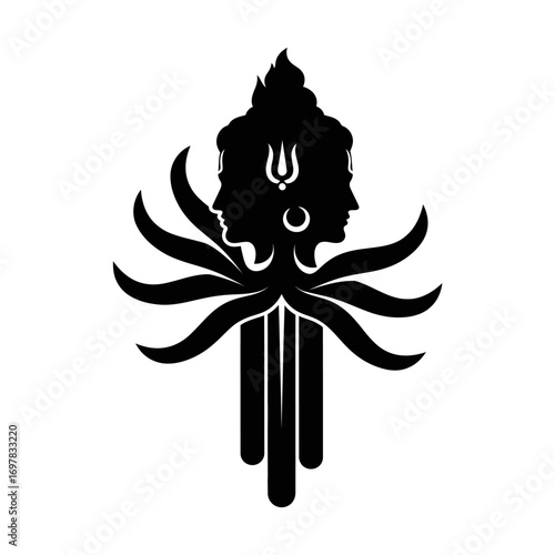 A stylized black silhouette icon of a three-headed Hindu god with a tilak and multiple arms fanning out.