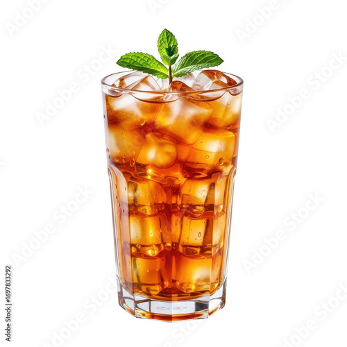 Refreshing iced tea with mint and ice cubes in a tall glass on a transparent background