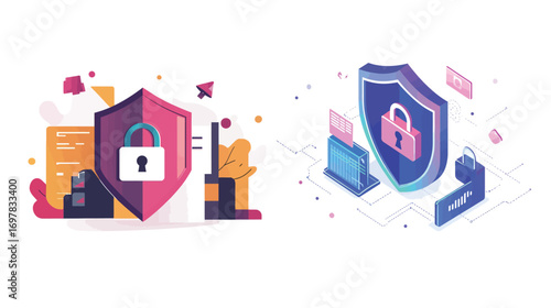 Shield with sword symbolizing protection and strength, combined with business team and corporate concept illustration