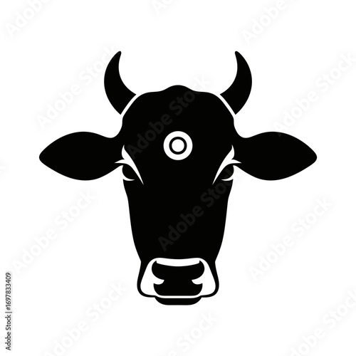 A stylized black silhouette of a cow's head featuring prominent horns and a circular marking on its forehead, presented against a stark white background.