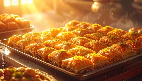 Golden baklava pastries, arranged neatly on a metal tray, are showcased under warm sunlight, radiating a warm and inviting atmosphere.