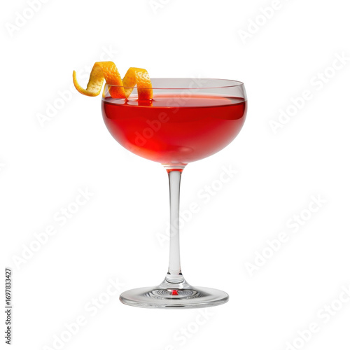 A vibrant red-orange Blood and Sand cocktail in a pristine crystal-clear coupe glass with an elegant spiral orange twist on a transparent studio background. Concept of refreshing elegance