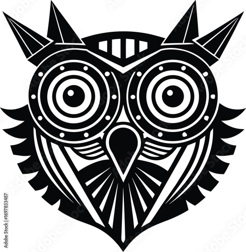 Vector art of stylized black and white graphic illustration of an owls face with large circular eyes, sharp beak, and pointed ear tufts, presented as a vector art emblem isolated on a