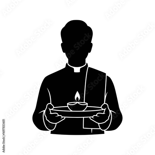 A silhouette of a priest or devotee holding a tray with a lit oil lamp for a religious ceremony.