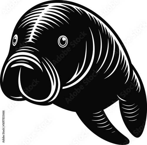 Vector art of a detailed black and white illustration of a manatees head, featuring gentle eyes and textured skin, isolated on a, ideal for marine conservation or aquatic themes