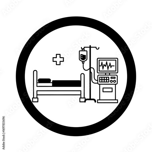 Vector art of hospital bed with medical equipment and monitor in a circle