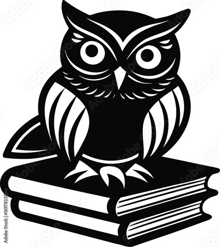 Vector art of a stylized black and white illustration of an owl perched atop two stacked books, symbolizing wisdom and knowledge, isolated on a