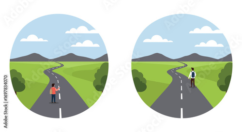 a person walking along a winding road towards distant mountains