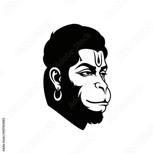 A stylized black and white illustration of the head of Hanuman, a Hindu deity depicted as a monkey, with a thoughtful expression and a tilak on his forehead.