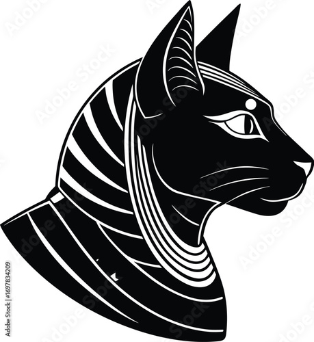 Vector art of black silhouette of an egyptian cat head with stylized stripes and markings, reminiscent of ancient egyptian art