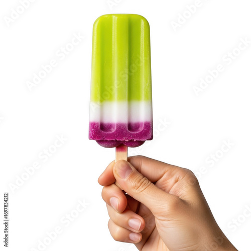 Refreshing multi-colored popsicle held in hand against a solid transparent background