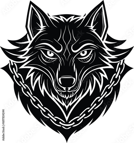 Vector art of a fierce black and white illustration of a wolfs head with a chain around its neck, isolated on a, suitable for logos and graphic design