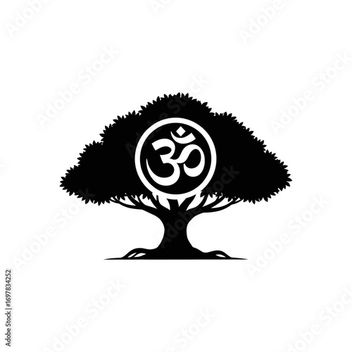 A stylized black silhouette of a large, mature tree with intricate branches, featuring the sacred Om symbol prominently displayed within a circular emblem at...