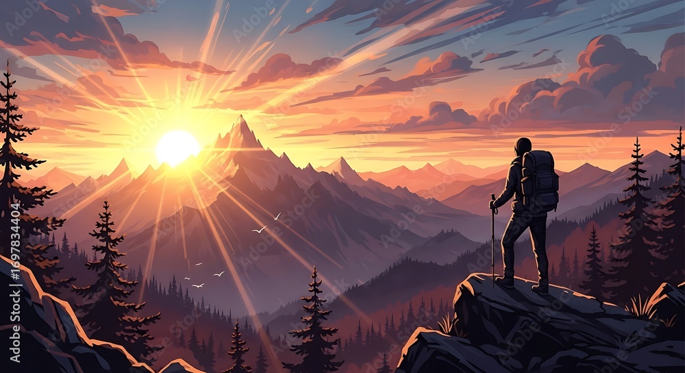 Fototapeta premium Hiker at Sunset Mountain View.