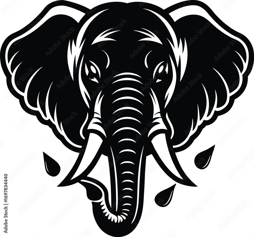 Obraz premium Vector art of a striking black and white graphic illustration of an elephants head, with its tusks and trunk prominent, isolated on a