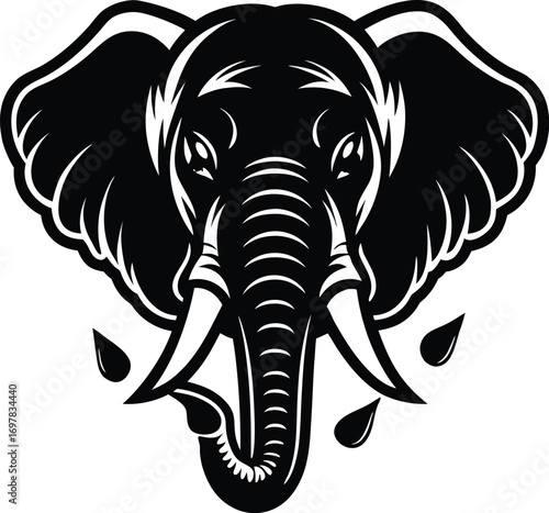 Vector art of a striking black and white graphic illustration of an elephants head, with its tusks and trunk prominent, isolated on a