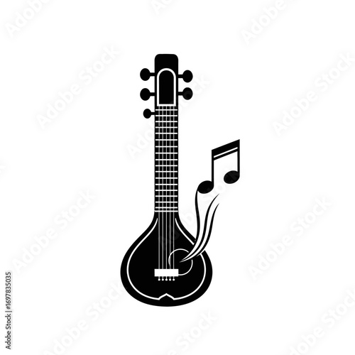 A stylized black and white illustration of a stringed musical instrument, accompanied by musical notes.