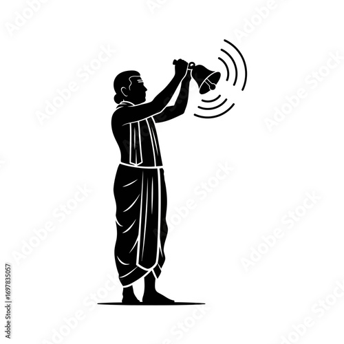 Silhouette of a man ringing a bell, depicting a cultural ritual or ceremony.