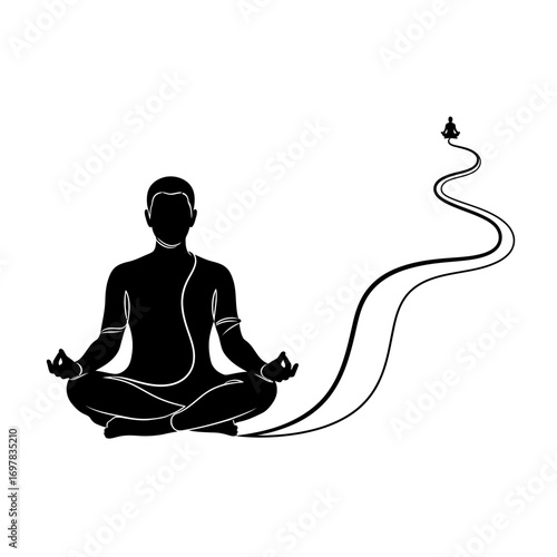 Silhouette of a person meditating in lotus position, with a path leading upward to a small figure.