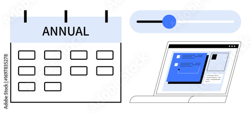 Annual calendar, progress slider, laptop with digital workspace. Ideal for planning, productivity, time management, digital tools, scheduling task tracking and organization. Simple flat metaphor