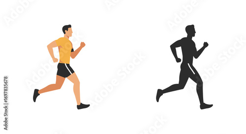 a runner in motion beside his shadow silhouette