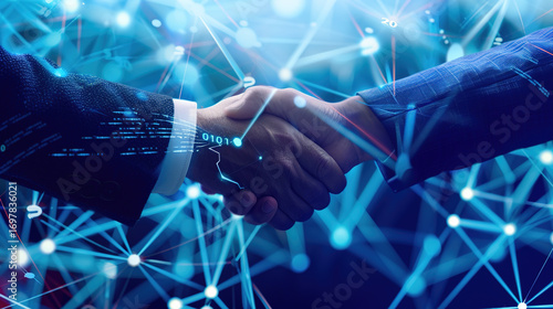 The two CEOs shook hands at the signing ceremony of the smart contract. The blockchain nodes of holographic projection were suspended on the signing board, and the flexible screen lined with the suit 