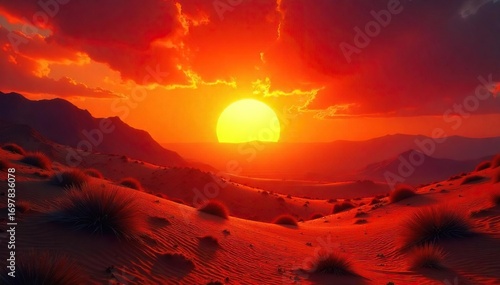 Intense heat radiating from a fiery sunset, casting a warm glow on a desert landscape  Perfect for illustrating concepts of summer, heatwave, or arid environments ,  heatwave,  desert landscape