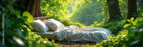 Serene nature scene featuring a cozy bed nestled amongst lush greenery, sunlight dappling through leaves Perfect for relaxation, tranquility, and nature themes , trees, eco, wellbeing