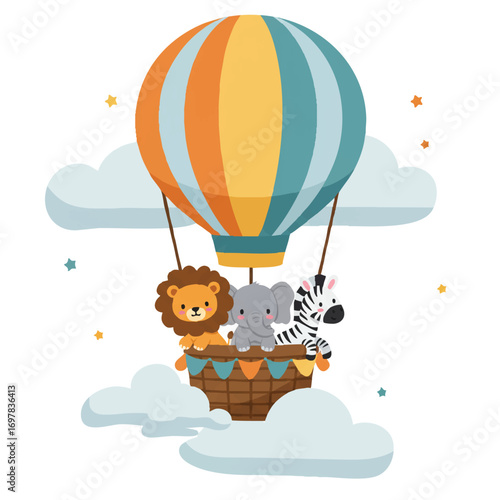 Lovable safari animals, a lion cub, an elephant calf, and a zebra foal, happily ride together in a whimsical hot air balloon, a vibrant 2D vector illustration floating above fluffy clouds.
