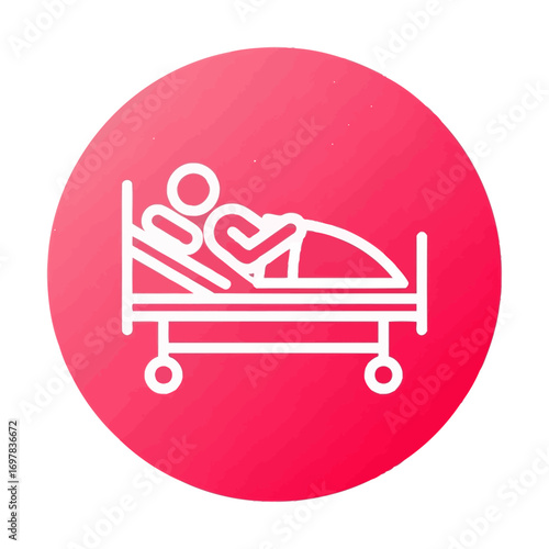 Illustration of a person lying in a hospital bed with a pink textured circle background