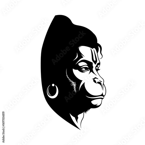 A stylized black and white illustration depicting the profile of a Hindu deity, Hanuman.
