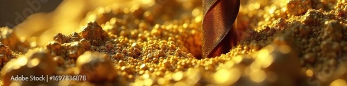 Gold Drill Bit Piercing Rich Ore Close-up of Glittering Gold Flecks in Raw Gold Extraction