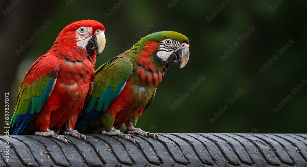 Obraz premium Vibrant scarlet macaws perch gracefully on dark textured pipe bathed in soft sunlight. AI Generated