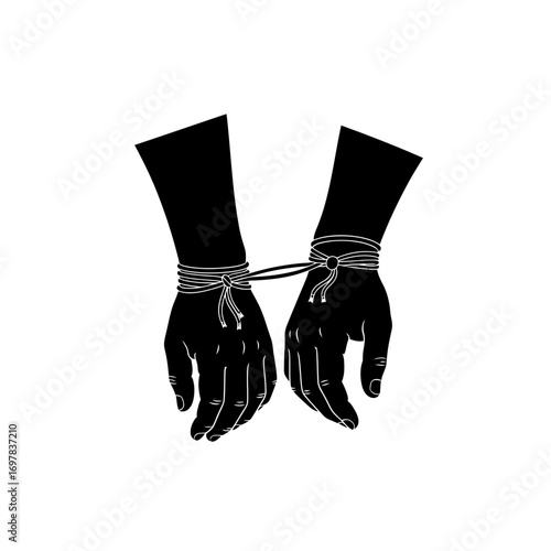 Two hands are depicted in silhouette, bound together at the wrists with a thin cord.