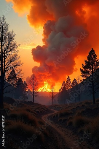 Fiery orange wildfire engulfs a dry forest, smoke billowing into the sky, trees ablaze, a scene of intense destruction and nature's power , brown, heatwave