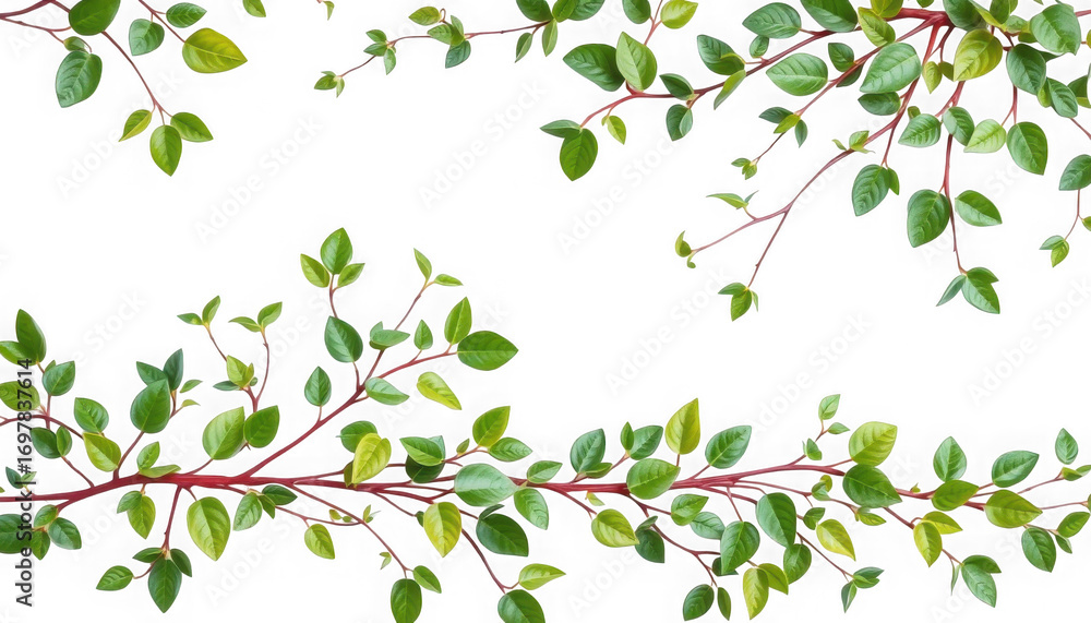 Obraz premium Close up of vibrant green leaves and red stems on branches against a black background space around